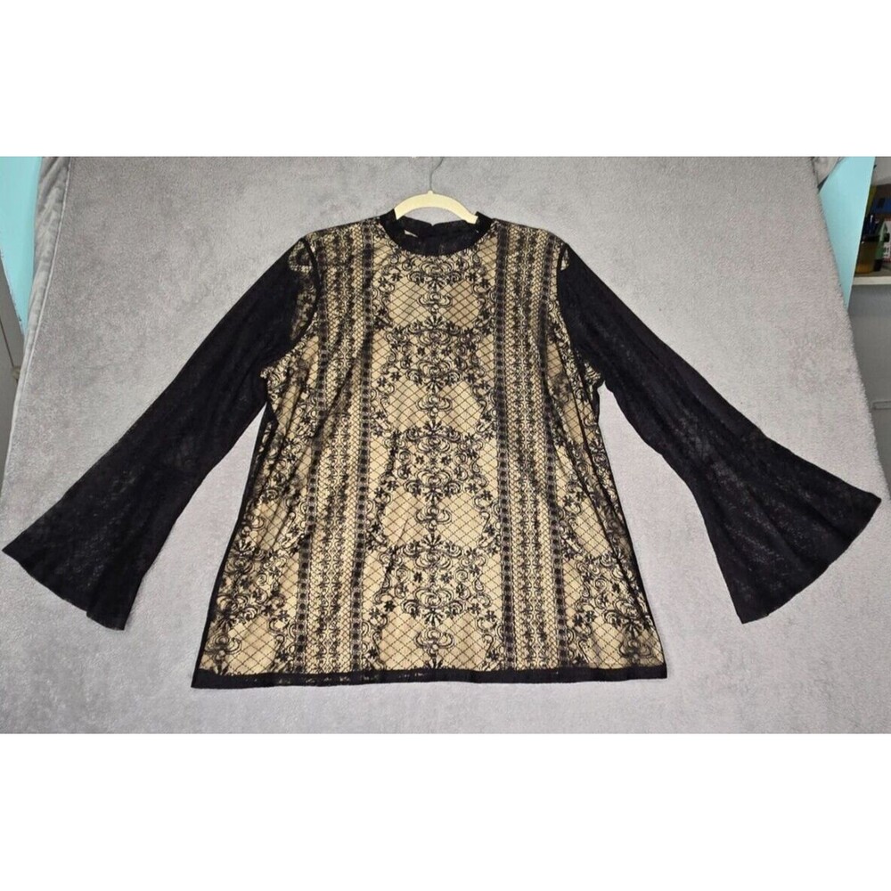 NEW Midnight Velvet Top Women's XL Bell Sleeve Black Lace Nude Tan Lined Blouse